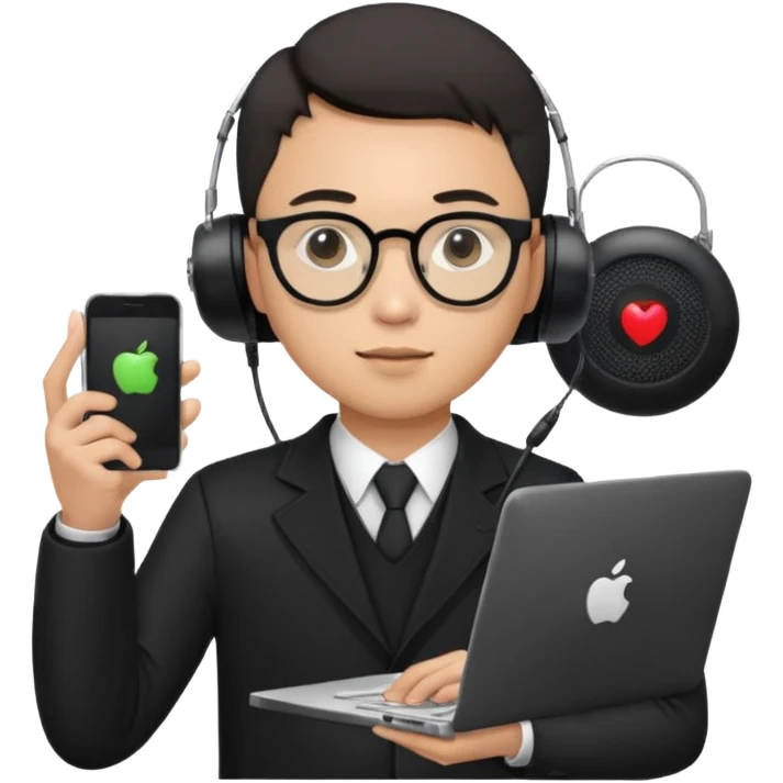 a asia man guy his 20s wearing an apple notebook, wearing bodyguard radio operator, round glasses, blAck clothes emoji