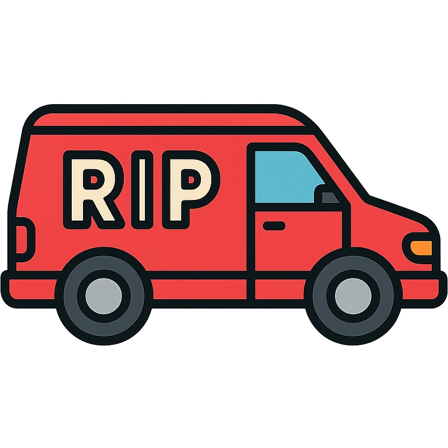 big red van with clear and bold 'RiP' logo emoji