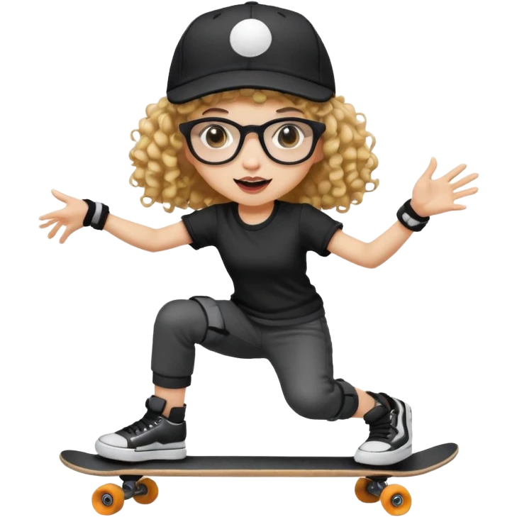 ["An excited girl with light skin, curly hair, wearing a baseball cap and square glasses, dressed in goth fashion, is skateboarding while holding a camera."] emoji