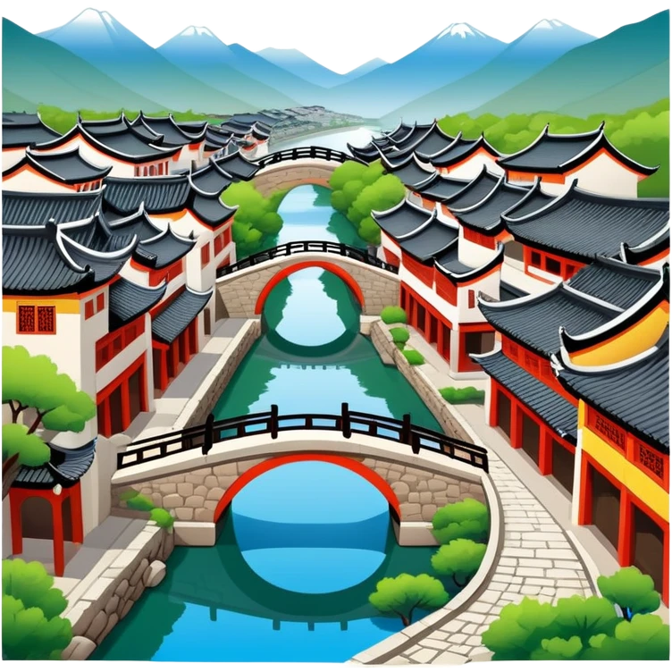 Lijiang Ancient Town Yunnan with canals and bridges, simplified emoji style with bold outlines and bright colors, cartoon style traditional Chinese old town emoji