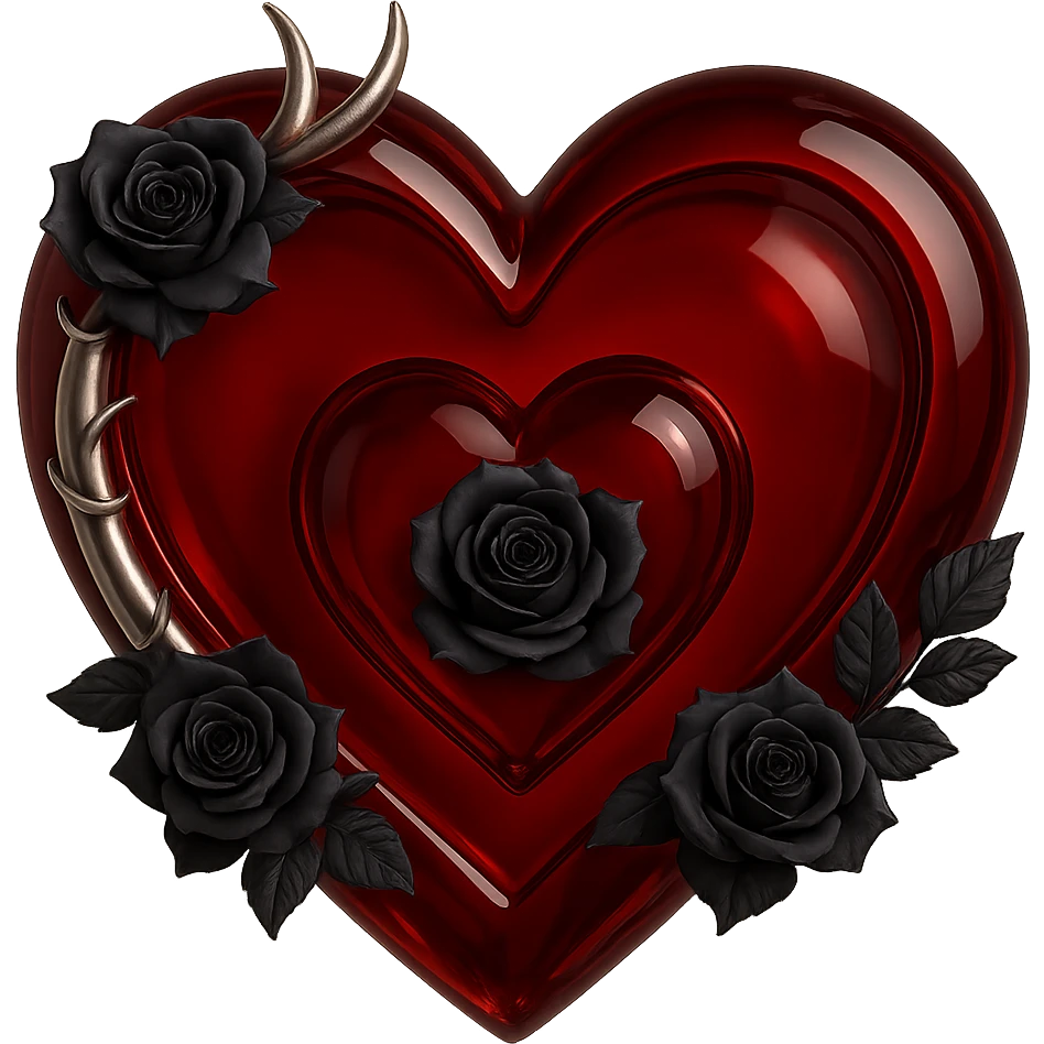 Change the heart to deep red glass, keep the silver crescent moon accent and black rose details, mysterious and opulent style. The original style is 3D emoji style but it does not support editing, so use a general style editor to achieve a 3D emoji look with no background. emoji