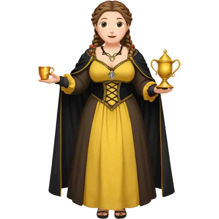 Helga Hufflepuff,brown-haired,2 braids,yellow-black medieval open dress,deep neckline,fat macromastia,black cloak decorated with gold braiding,gold cup with two handles,very kind smile,curvy busty sweet woman,round rosy cheeks,full length with medieval shoes emoji