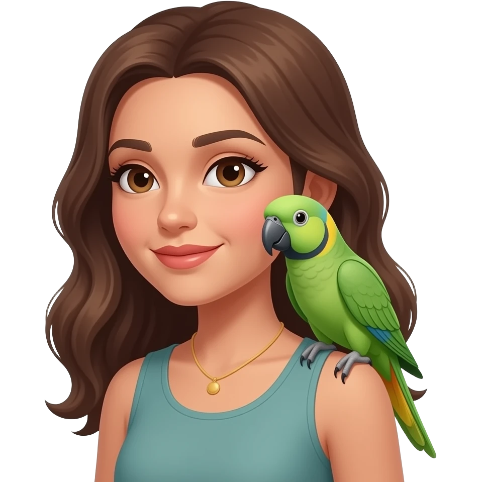 green indian ring neck parrot on a brown haired womans shoulder emoji