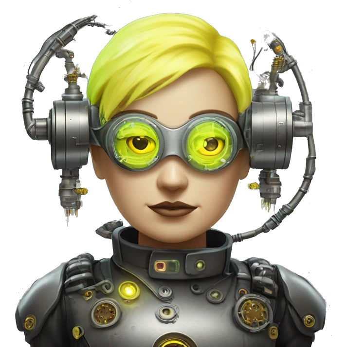 Fat Caucasian female cyborg head with Neon yellow bobbed hair, silver steampunk goggles and circuits emoji