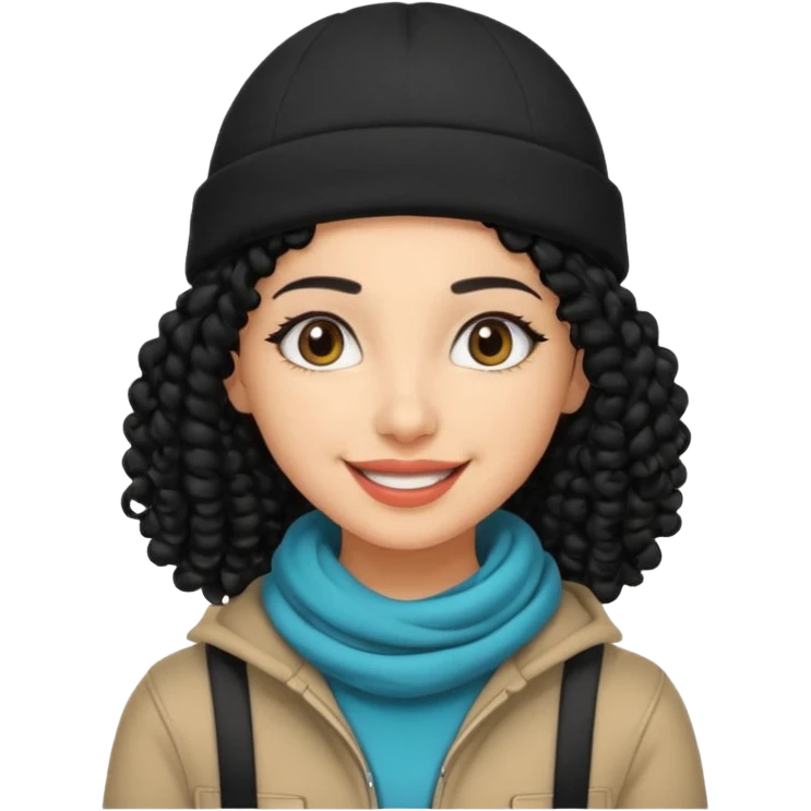 smiling arab hipster woman with curly hair and beanie emoji