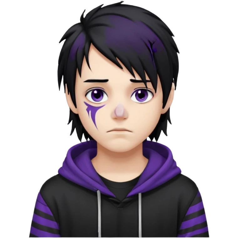 emo teen boy with long one-side messy black hair, dark hoodie with white and purple striped sleeves, piercings on his nose, dark eyeshadow emoji