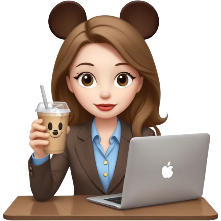 Women in front of laptop that has a Mickey sticker on it, with a happy face, face a little fuller, lips plump, full eyebrows, long light brown hair, light brown big eyes, light pale skin with a iced coffee on the side, business attire emoji
