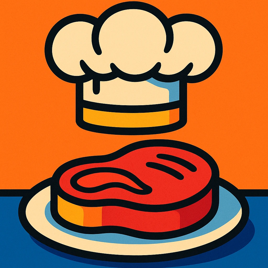 juicy steak on a plate, chef's hat emoji