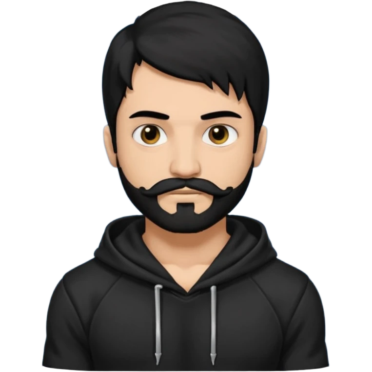 Man, hispanic skin, black hair, black beard, black mustache black eyes black t hoodie, small nose, long emo hair, muscular  emoji
