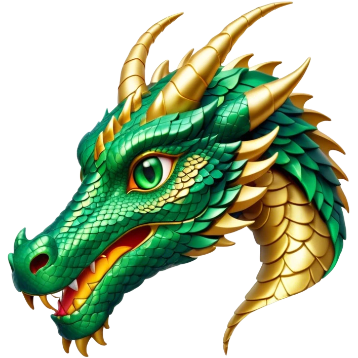 Cinematic Noble Dragon Portrait Emoji, Poised and majestic, with a sinuous, elongated body covered in intricately detailed, shimmering scales in hues of emerald and gold, and piercing, fiery eyes that reflect ancient wisdom; rendered with lifelike texture and natural highlights, high shine, intelligent and formidable, styled with an aura of mythic power, focused and attentive, soft glowing outline, capturing the essence of a legendary dragon that appears ready to soar out of the screen with timeless authority! emoji