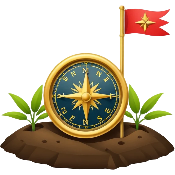 A minimal emoji of a compass pointing toward a planted flag. Flat design, confident colors, modern emoji style. Represents choosing direction and seeing it through to completion. Avoid corporate or motivational poster aesthetics. emoji