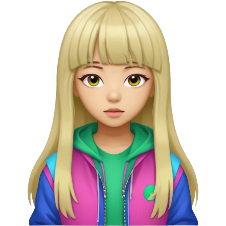  portrait-of-a-alien-k-pop-idol,-wearing-a-stylish-streetwear-outfit-with-layered-colorful-clothing,-long-hair-with-bangs,-makeup,- emoji