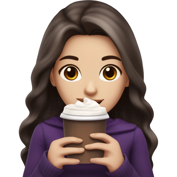 white girl with dark brown long hair with purple ombré and a hot chocolate emoji