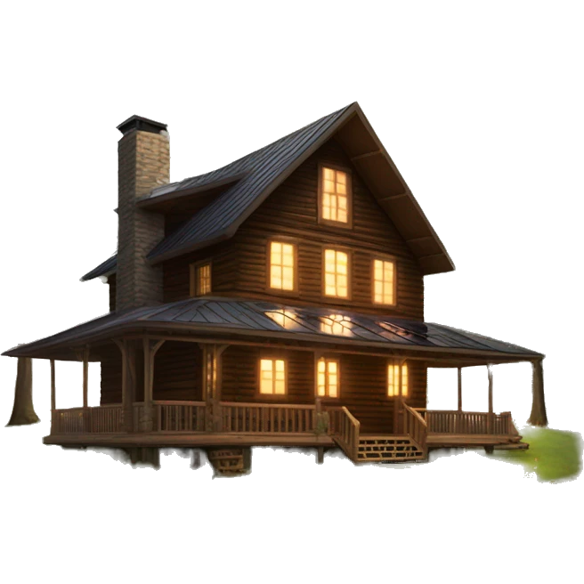 Skywalker Cabin is a clean Very big Wood Cabin near tree on the mountain in the background. The cabin is 5 stories tall with extensive solar arrays on top. The cabin sits on thick grass fields. porch lights on ,guests on porch smoking ,flowers and bushes  emoji