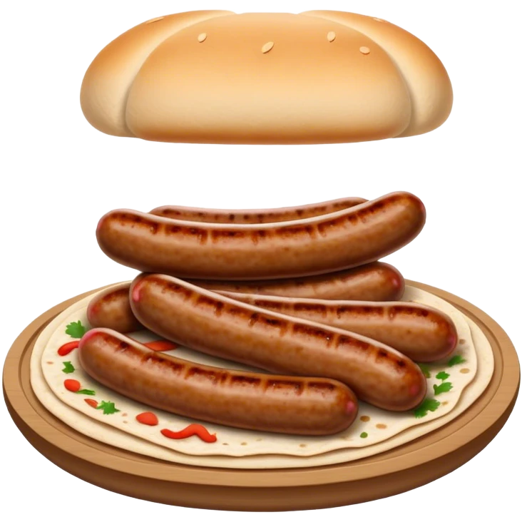 Cevapi Cinematic Realistic Cevapi Dish Emoji, depicted as modest, short, skinless sausages served with traditional flat bread, rendered with realistic textures and rustic, inviting lighting. emoji