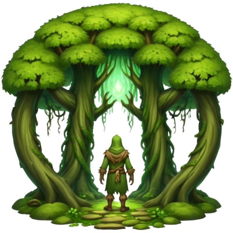 full body moss druid man, from behind walking into glowing forest portal emoji