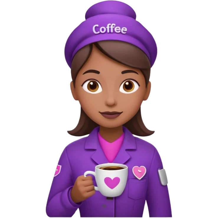 Create 3D minimalist emoji in the style of Coffee Lover — a coffee shop and roastery brand.
Style: cozy, warm.
Colors — purple-pink range.
barista with coffee
on the form it says Coffee Lover emoji