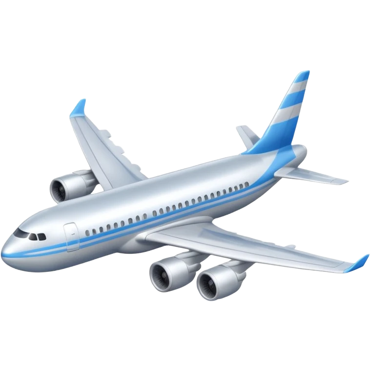 A 3D cartoon commercial airplane flying above clouds, silver body with blue stripes, smooth reflections, Memoji-style realism. emoji