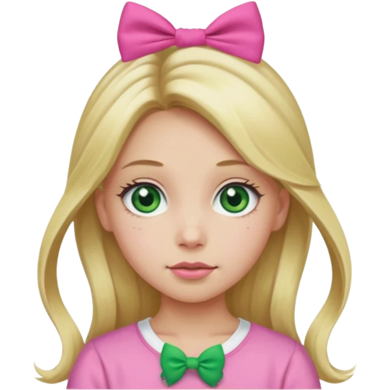 blonde girl long hair middle part, green eyes, pink bow and scrunchie emoji