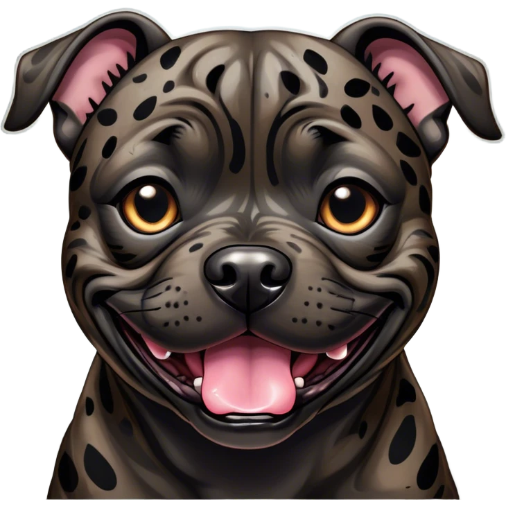 Cinematic Comical Black/Brindle Staffordshire Bull Terrier Portrait Emoji, Head tilted dramatically with an exaggeratedly amused expression, featuring a striking Fur with bold black and brindle patterns, wide, expressive dark eyes filled with playful disbelief, Simplified yet hilariously expressive features, highly detailed, glowing with a slightly sassy glow, high shine, dramatic yet playful, stylized with an air of cheeky mischief, bright and endearing, soft glowing outline, capturing the essence of a spirited and over-the-top guardian, so meme-worthy it feels like it could side-eye its way into internet fame instantly! emoji