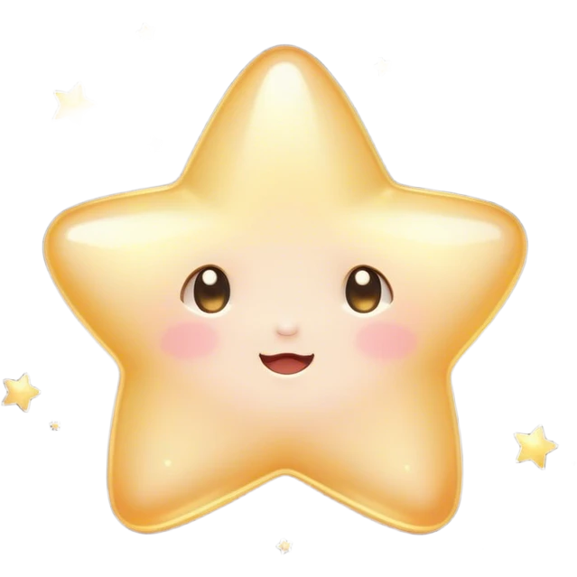 Cinematic cute sparkling star, chubby rounded edges, golden glow, tiny blushing cheeks, warm and gentle shine, twinkling softly in a pastel night sky. emoji