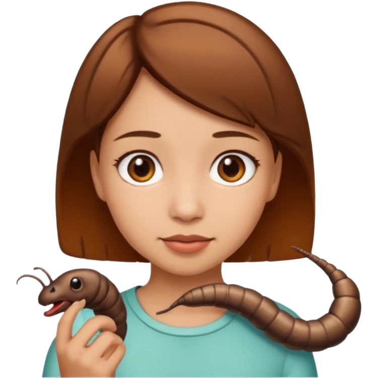 a girl light skin with brown eyes, brown short hair and a worm emoji