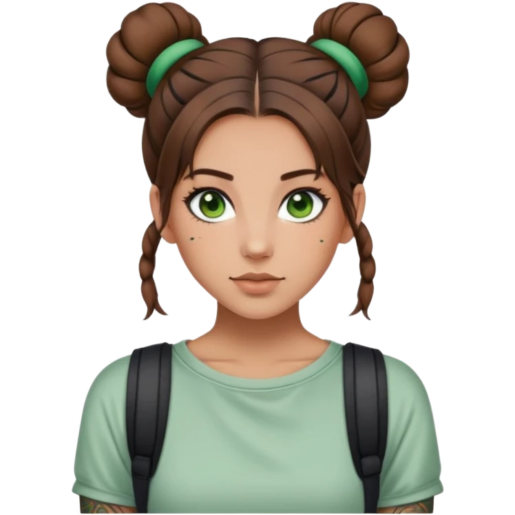 Me, im a 27 year old girl with shoulder length brown hair half up in space buns with green eyes and tattoos, wearing a casual outfit emoji