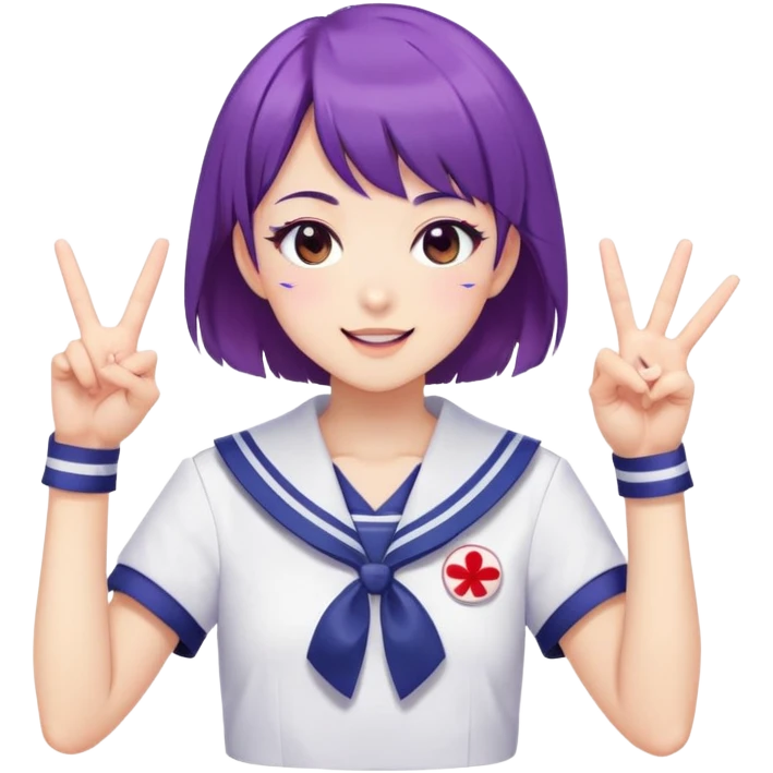 Energetic anime girl with short purple hair wearing Japanese sailor style school uniform, winking and making double peace signs, very cheerful and bubbly, kawaii style emoji