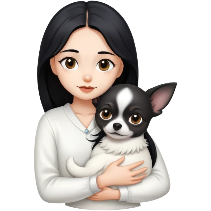Fair skin girl - long black hair - white clothes - hugging a black chihuahua emoji