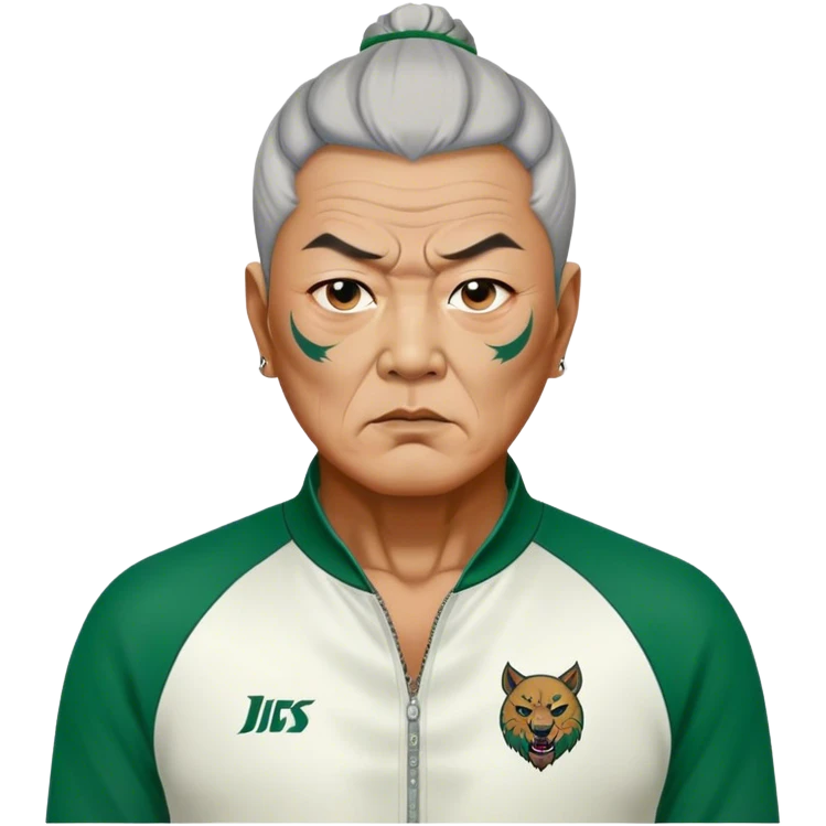 Jang Deok-su , Age: Late 60s
Appearance: A fierce man with tattoos, A large, have a tattoo on his neck.
Outfit: Green player tracksuit emoji