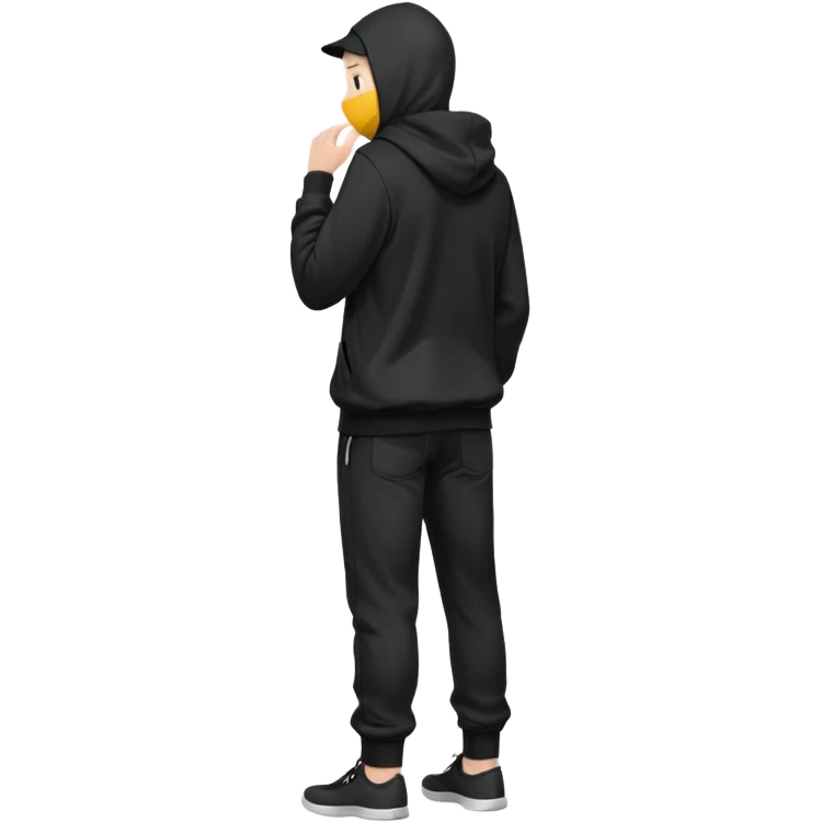 fullbody Mysterious shy caucasian man in black hoodie on head, hands in pockets and black pants rear backview emoji