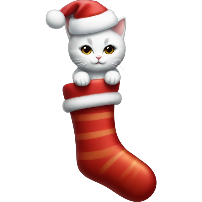 light red stocking with snowflakes on it and a small white cat poking out of the stocking and a candy cane beside the cat emoji
