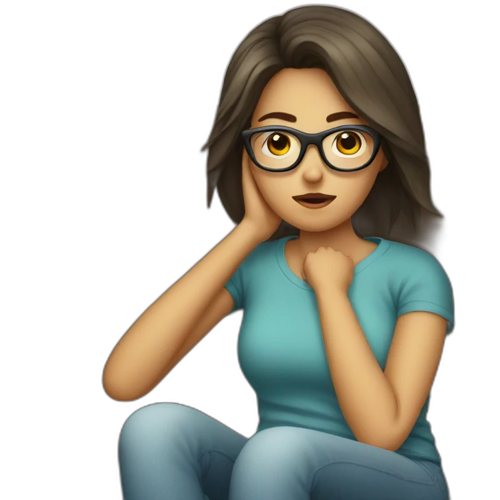a girl with glasses sitting on a sofa having a bad cold emoji