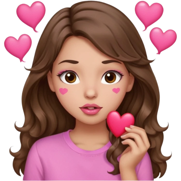 girl with long wavy brown hair, brown eyes, light to medium complexion, in a pink shirt, pink lips, long lashes, puckering lips kissing, blushing with hearts emoji