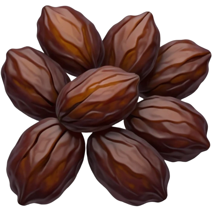 small cluster of dried raisins, deep brown to purplish tones, wrinkled, slightly glossy surfaces, irregular shriveled shapes, soft curves, subtle texture, no stems, no bowl, no garnish, soft lighting, subtle shadows, transparent background, emoji scale emoji