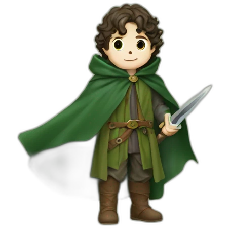Frodo Baggins in a green cloak with the One Ring and a blade emoji