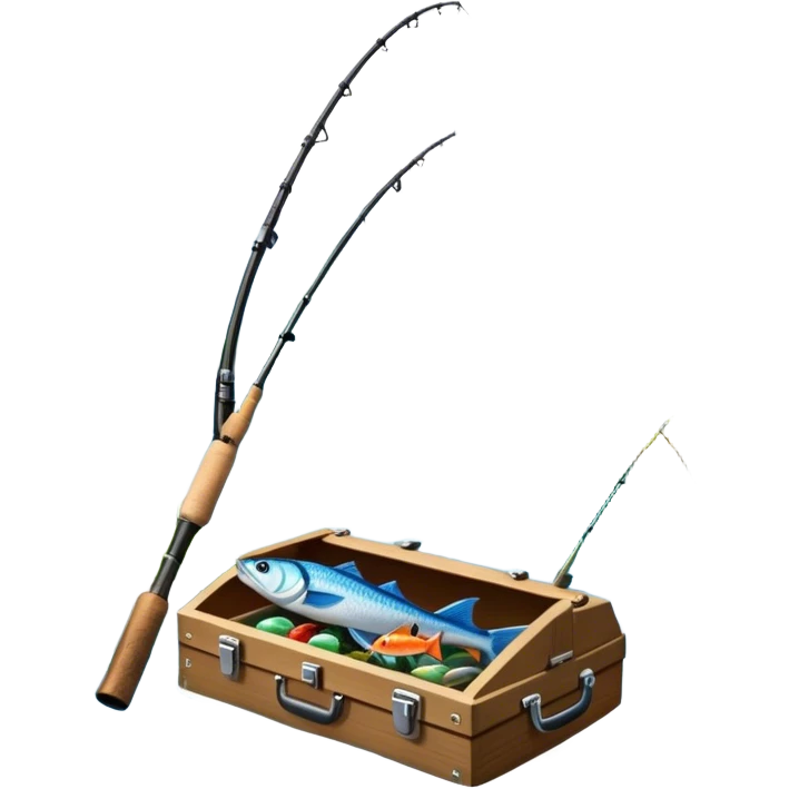 Icon for Fishing Travel: a boat on a calm lake surrounded by mountains and lush greenery, with fish jumping out of the water, a fishing rod, tackle box. The icon should capture the peaceful and adventurous nature of fishing trips. Transparent background. emoji