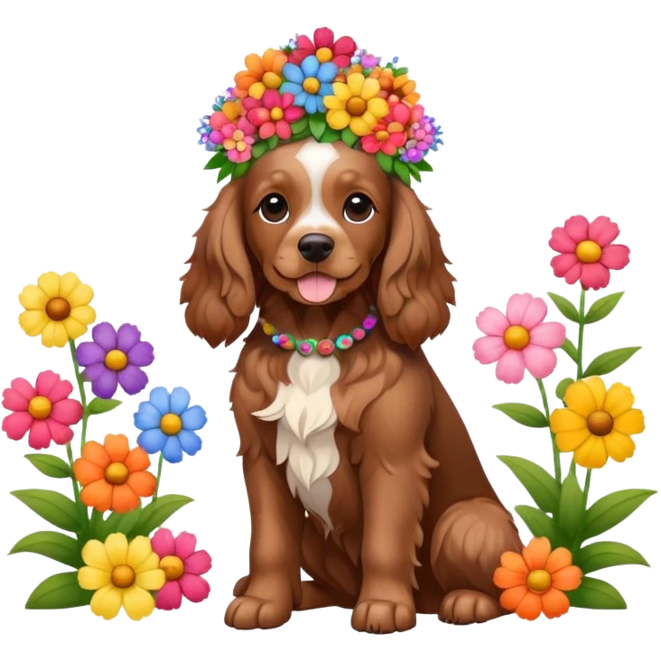 Full body shot of a brown cocker spaniel sitting happily with lots of flowers on his head emoji