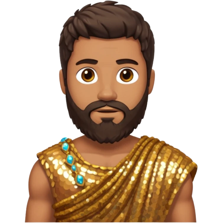 Hercules from Roman Deities with long dark brown hair and beard, bronze sequin toga emoji