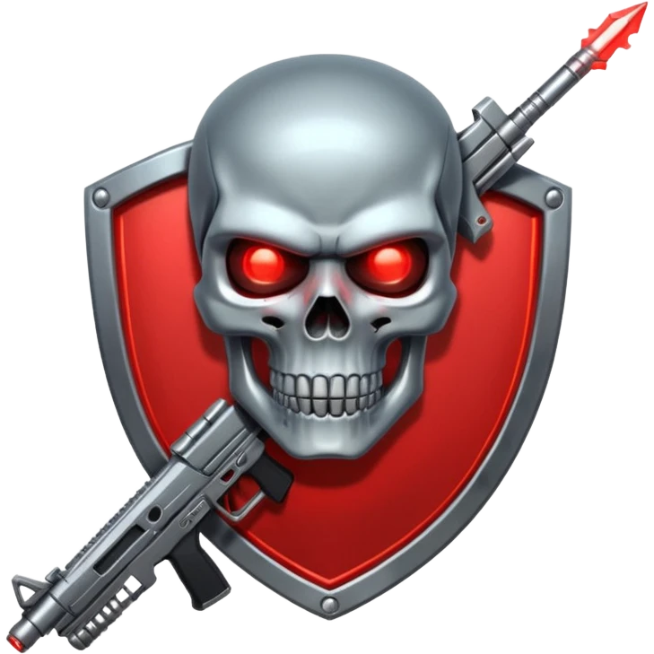 Sci-fi shield badge, terminator style skull, glowing red eyes, crossed futuristic assault rifle and energy sword, no background emoji