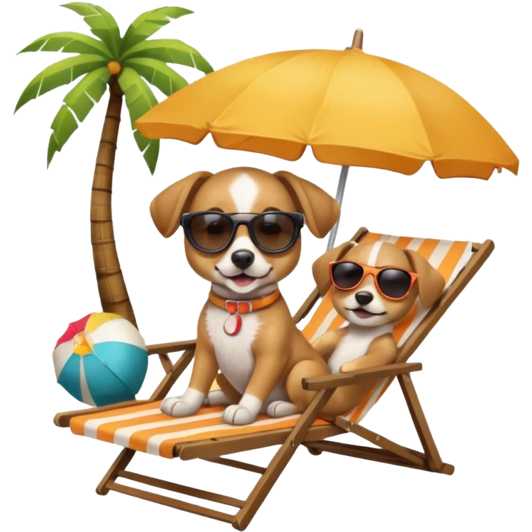 a dog laied on a beach chair, a sunny beach, a sun umbrella, and beach coconut trees. the icon should capture the essence of a relaxing beach vacation with a carefree atmosphere emoji