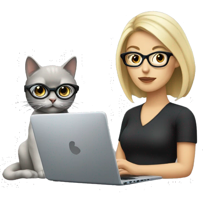 A woman with blond dark hair and thick black glasses using a laptop with her grey cat emoji