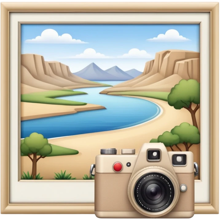 A beige camera and next to it a landscape photograph of the frame behind the camera emoji