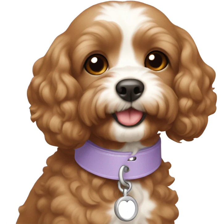 light brown cavapoo with white patch on chest wearing a lilac collar emoji