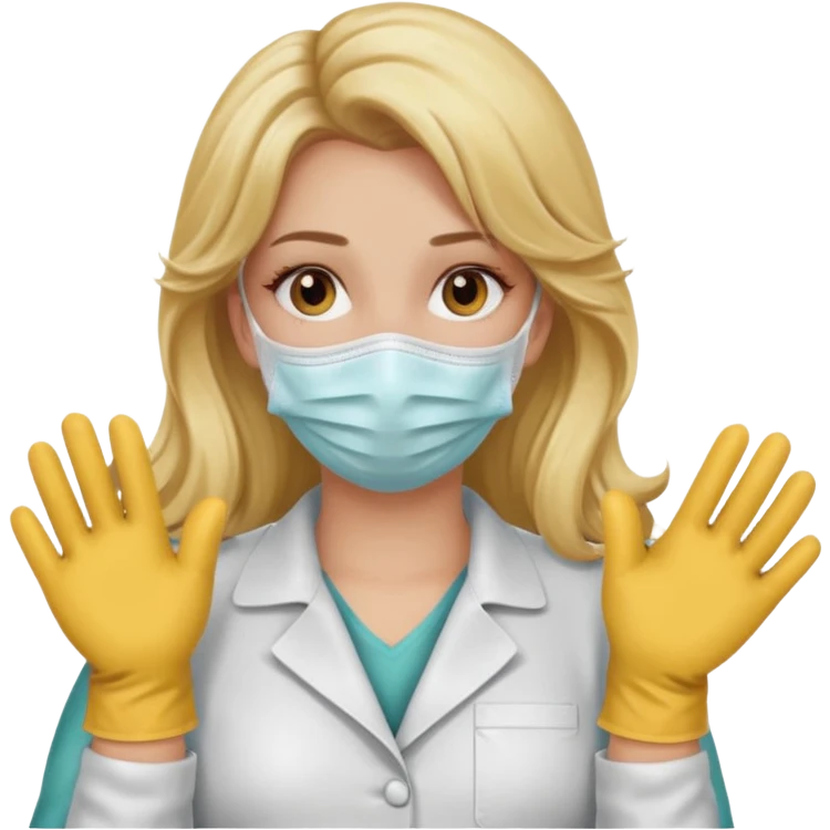 enfermera rubia con pelo largo, con mascarilla y guantes que aperezcan las dos manos emoji