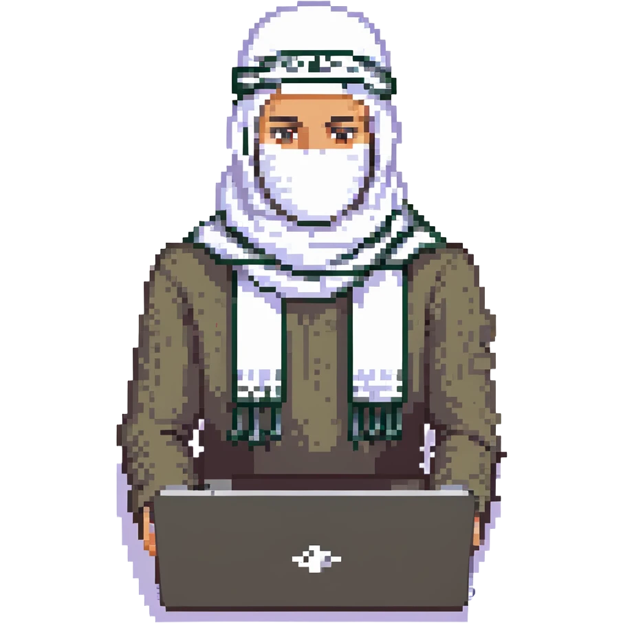 pixel art of a Palestinian person with a laptop, wearing a keffiyeh scarf emoji