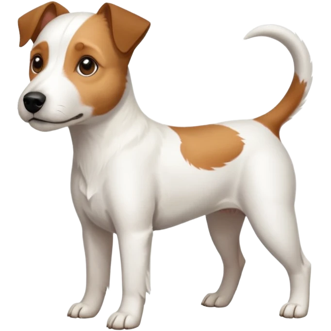 a full body slightly chubby white parson russell terrier looking dog the size of a kelpie with light brown long ears and a light brown patch on one eye and a large snout. the rest of the dog is completely white emoji