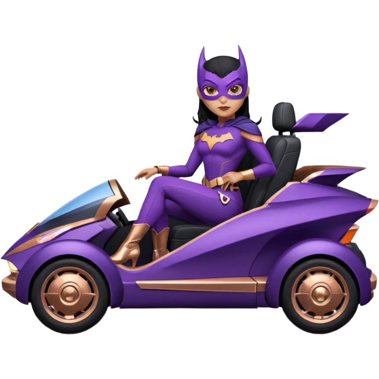 Hot full size real-appearance racing action BatGirl’s Lego feminine midnight-purple tight outfit sixty’s tv show 1992 stealth retro sporty petite off-road pursuit hovering hover cruiser car rose gold accents (black hair,reclined and relaxed seating position and attitude) desert emoji
