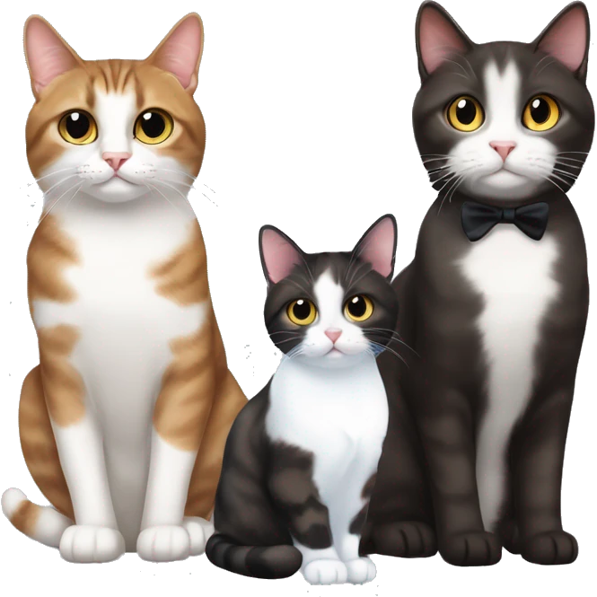 dark brown tabby cat sitting next to tuxedo cat and calico cat emoji
