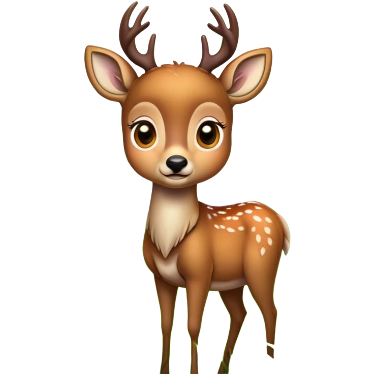 A detailed, cartoon-style emoji of a deer with large expressive eyes, gently grazing on fresh green grass in a serene forest setting. The deer has soft fur with subtle shading, and the grass is vibrant and textured. The background hints at a peaceful emoji